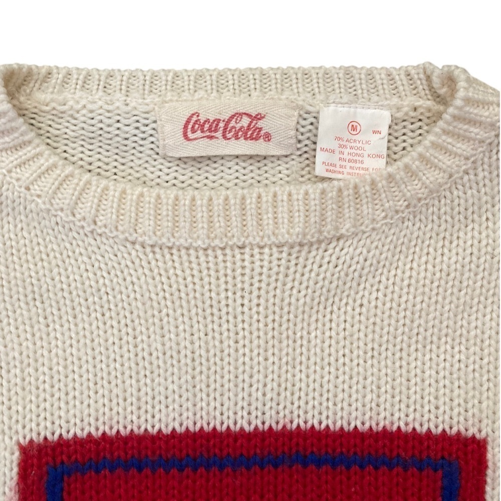 Vintage Coca Cola Knit Sweater Cream Intarsia Red Blue Logo Wool Blend 80s - Picture 7 of 11
